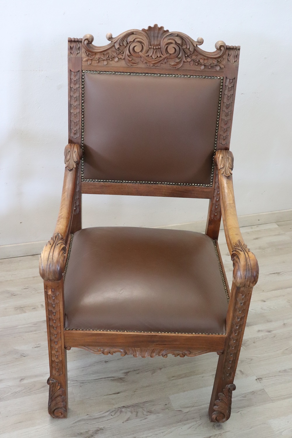 Late 19th Century Carved Walnut Throne Chairs, Set of 2