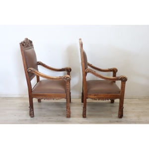 Late 19th Century Carved Walnut Throne Chairs, Set of 2