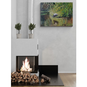 Vintage painting of a heron flying over a pond