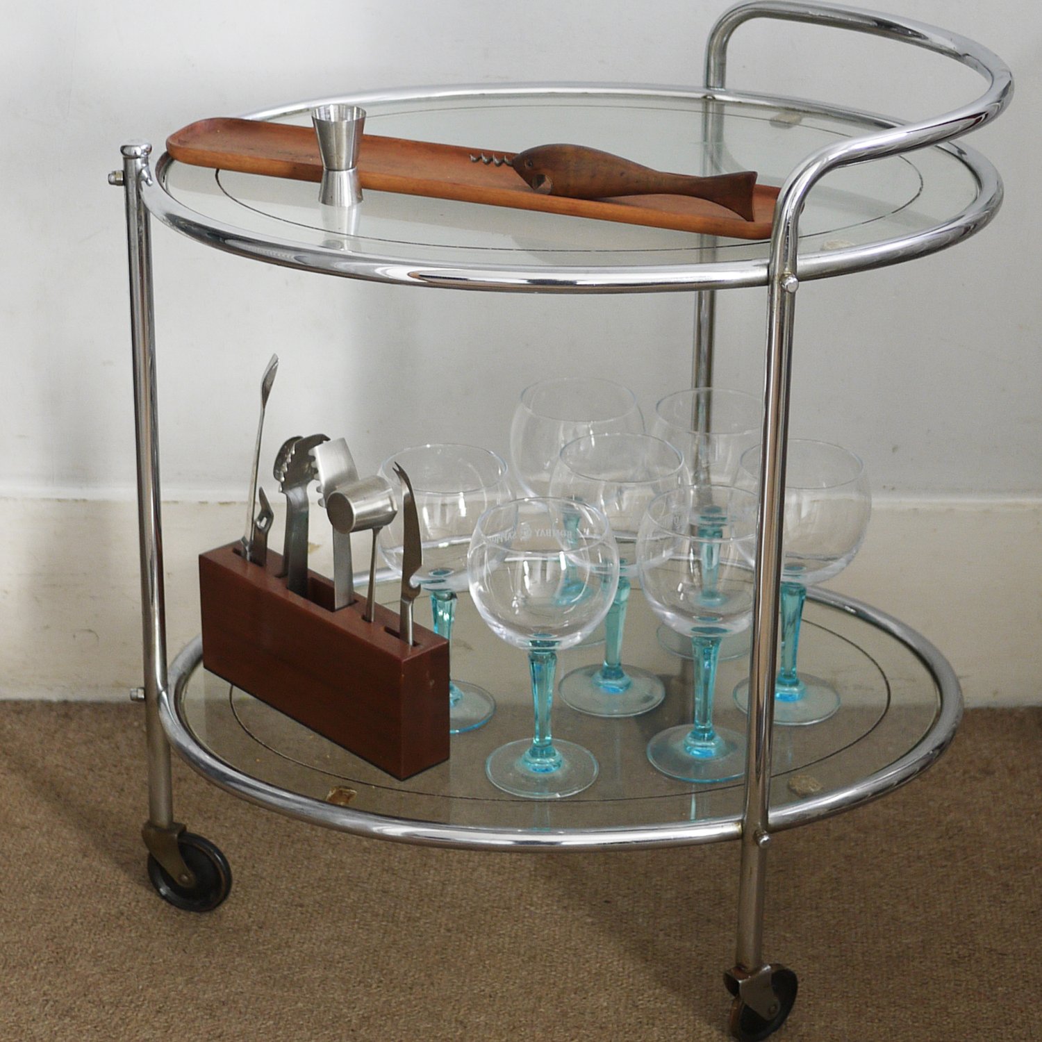 Vintage Glass & Chrome Two Tier French Drinks Trolley, 1940s