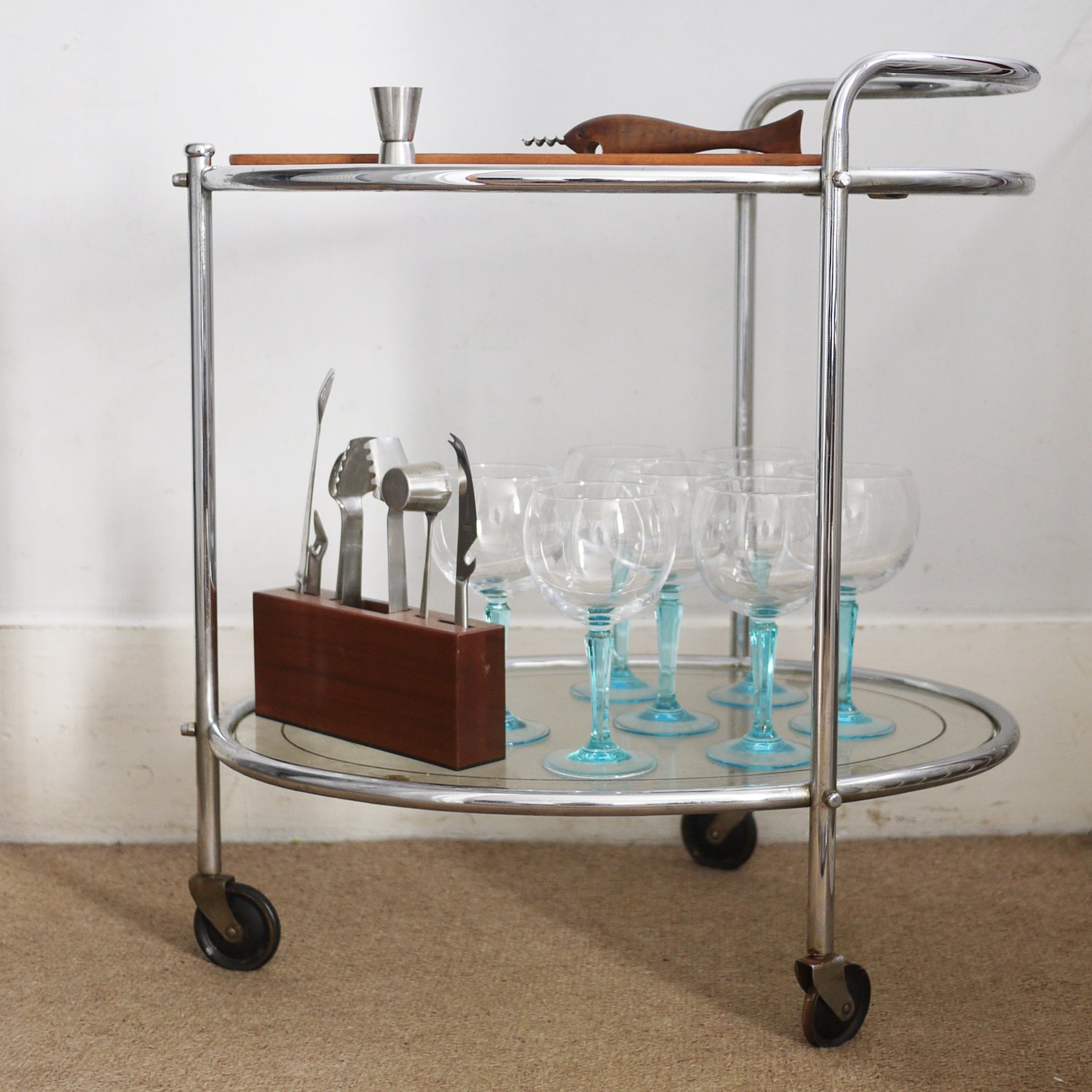 Vintage Glass & Chrome Two Tier French Drinks Trolley, 1940s