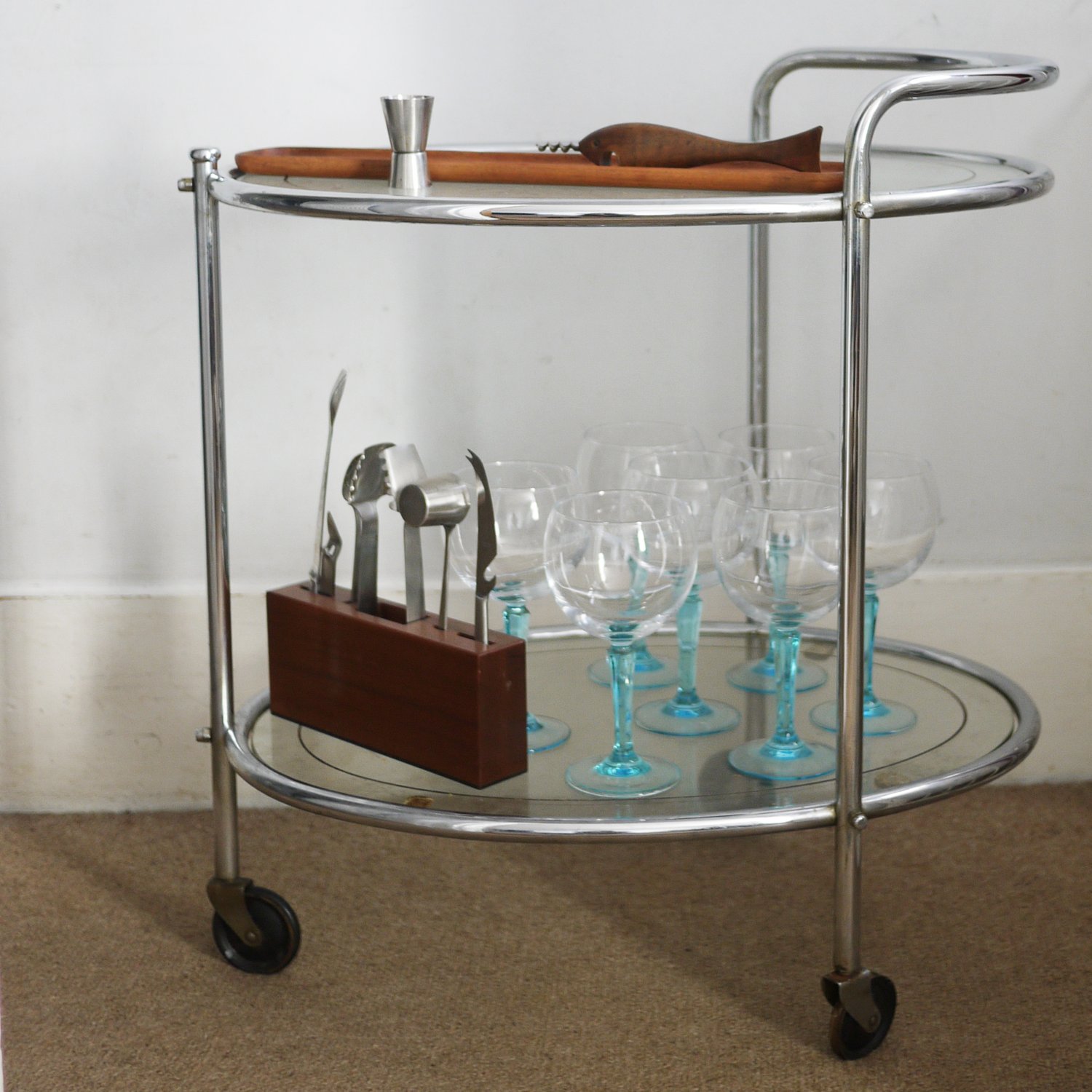 Vintage Glass & Chrome Two Tier French Drinks Trolley, 1940s