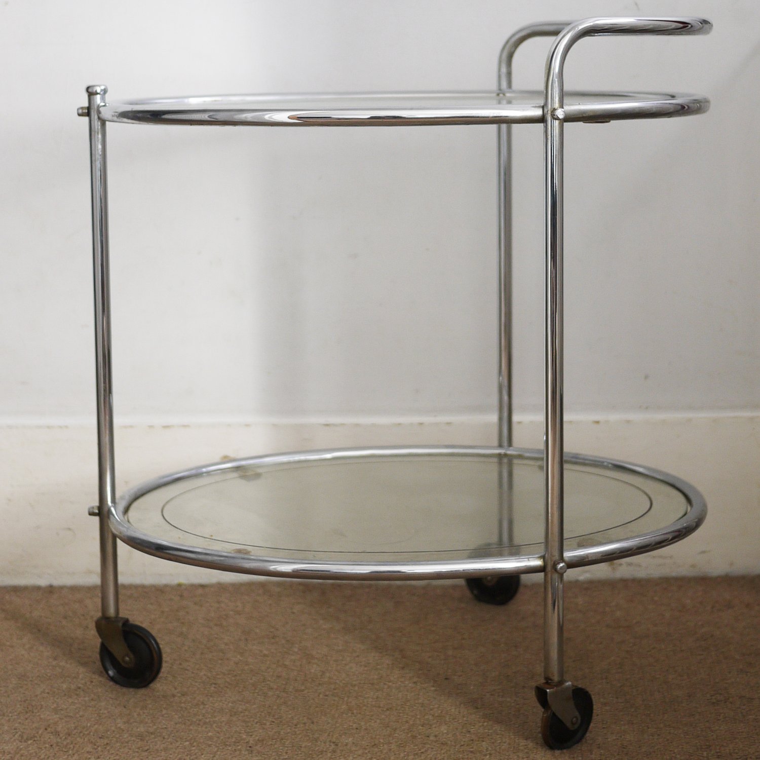Vintage Glass & Chrome Two Tier French Drinks Trolley, 1940s