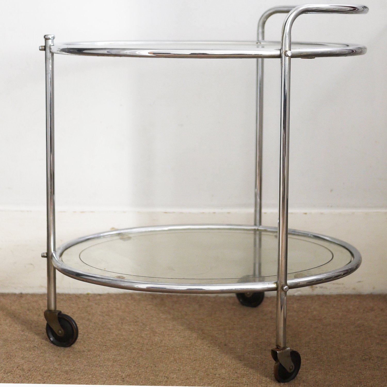 Vintage Glass & Chrome Two Tier French Drinks Trolley, 1940s