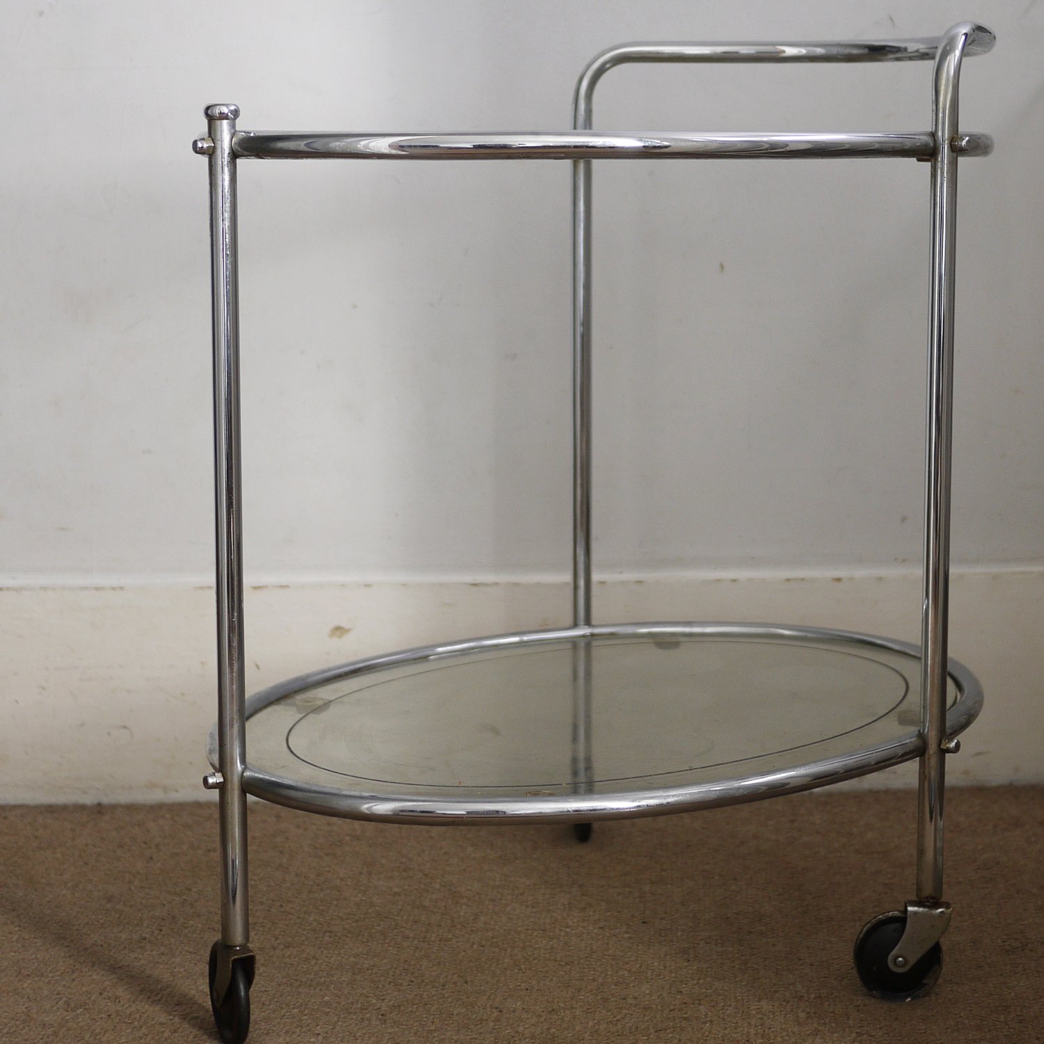 Vintage Glass & Chrome Two Tier French Drinks Trolley, 1940s