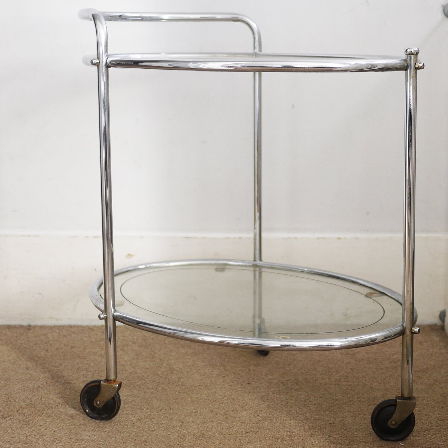Vintage Glass & Chrome Two Tier French Drinks Trolley, 1940s
