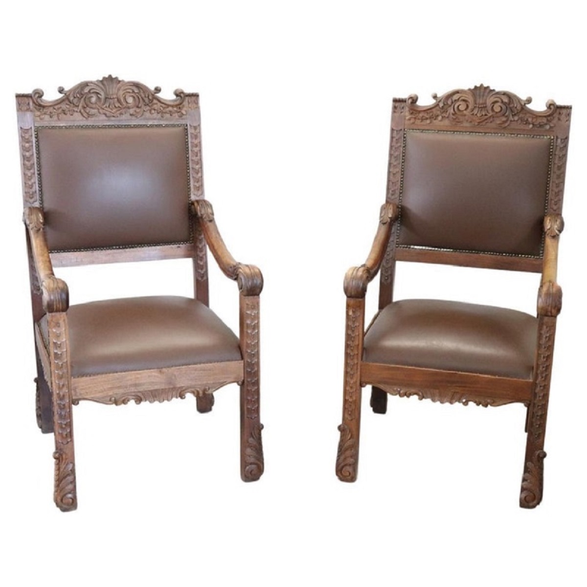 Late 19th Century Carved Walnut Throne Chairs, Set of 2