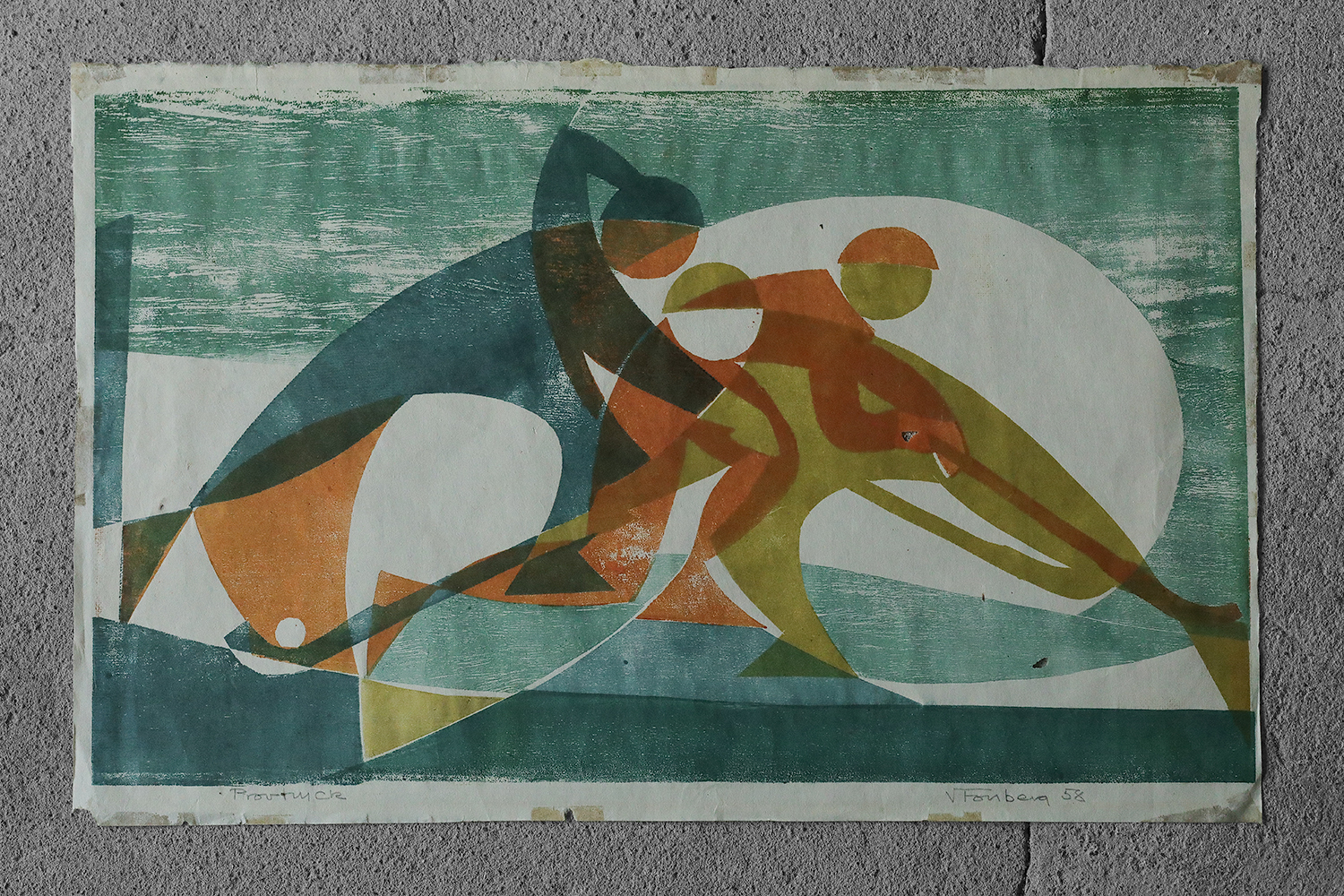 Colored woodcut by Viking Forsberg, 1958