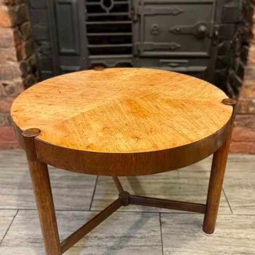 1950's Round three legged drum table in the style of Wormley for Dunbar