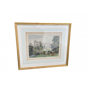 19th century hand coloured engraving Sizergh Hall, Westmoreland