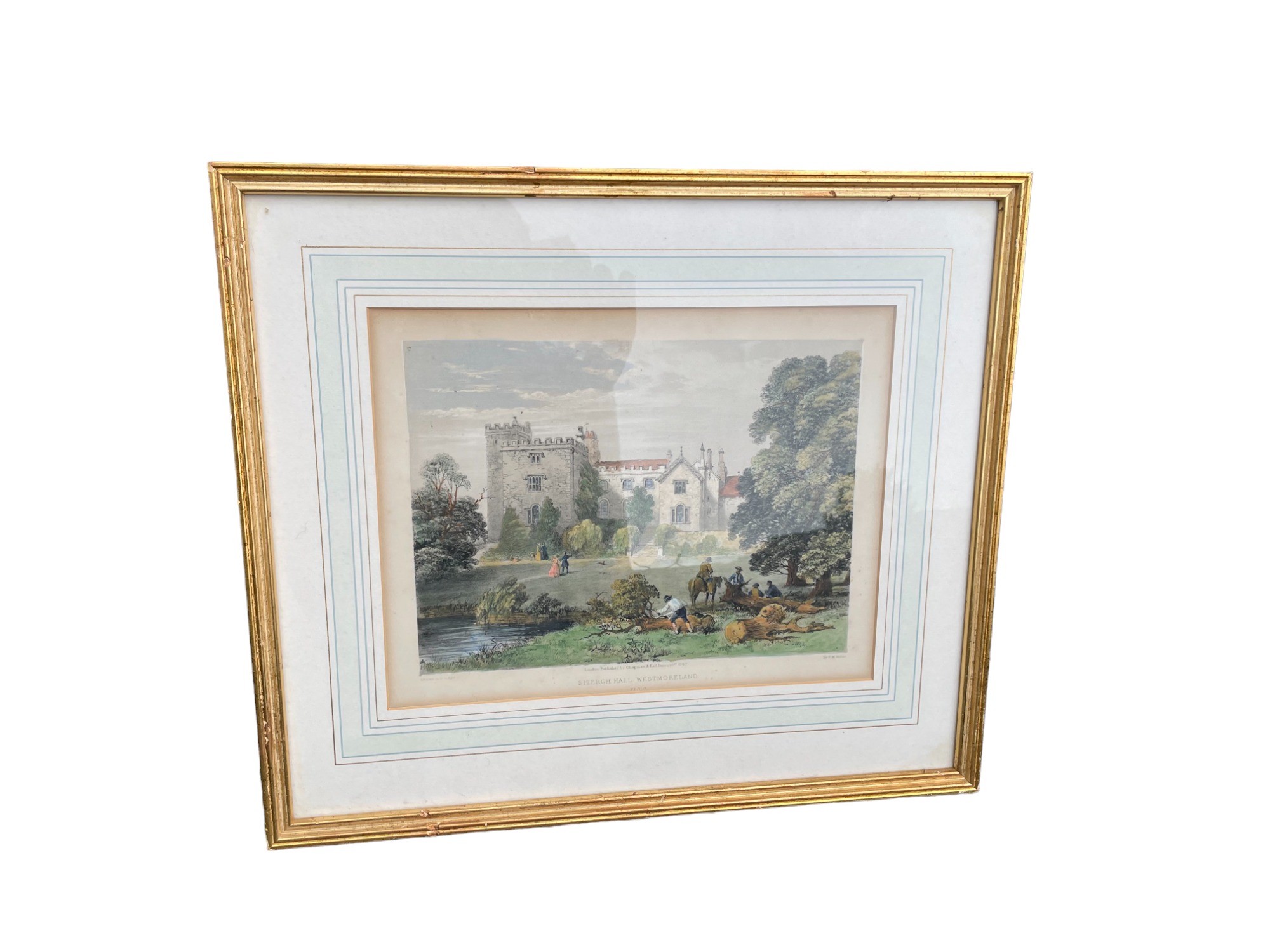 19th century hand coloured engraving Sizergh Hall, Westmoreland