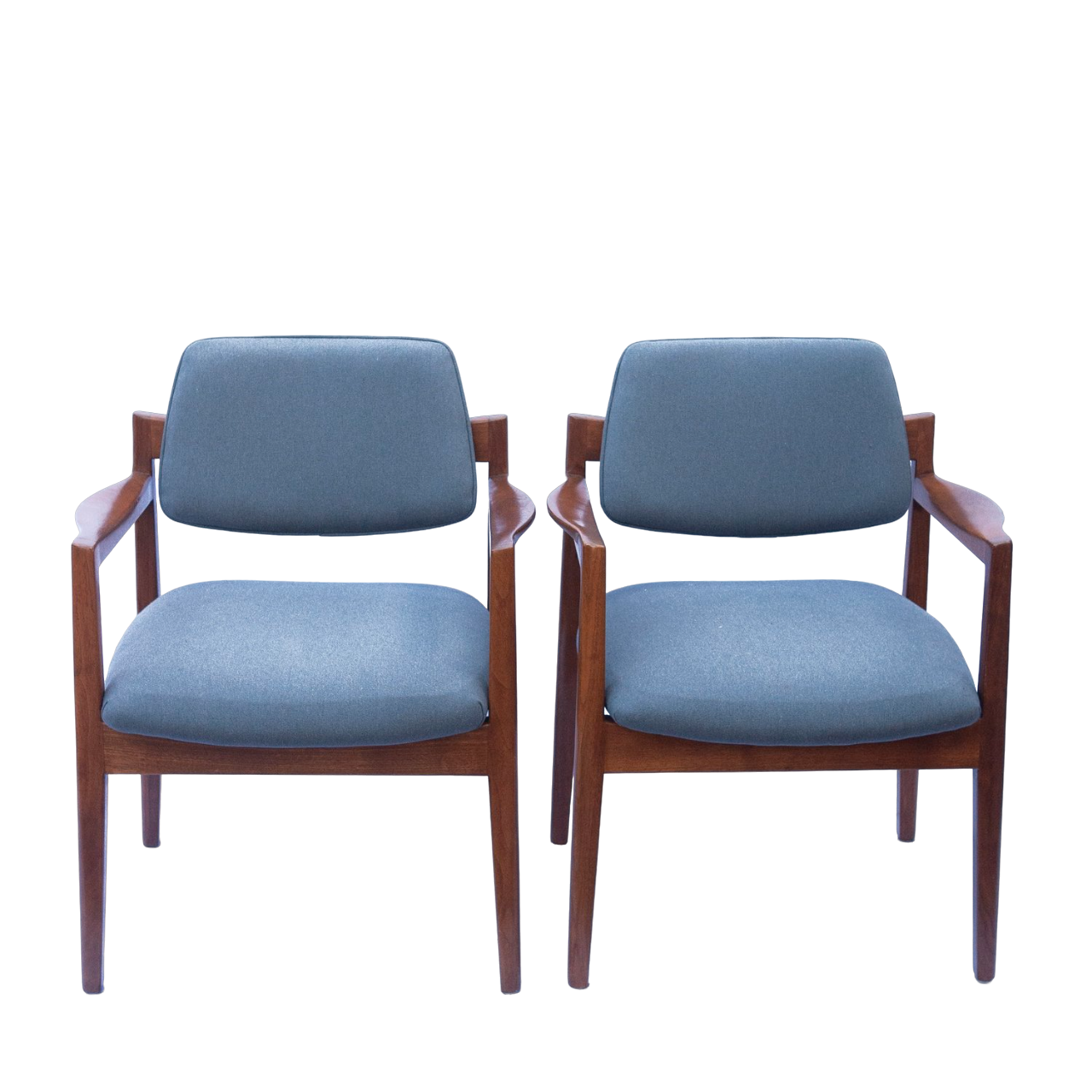 Arm Chairs By Jens Risom For Knoll In Walnut & Newly Upholstered In Blue Fabric, 1960s