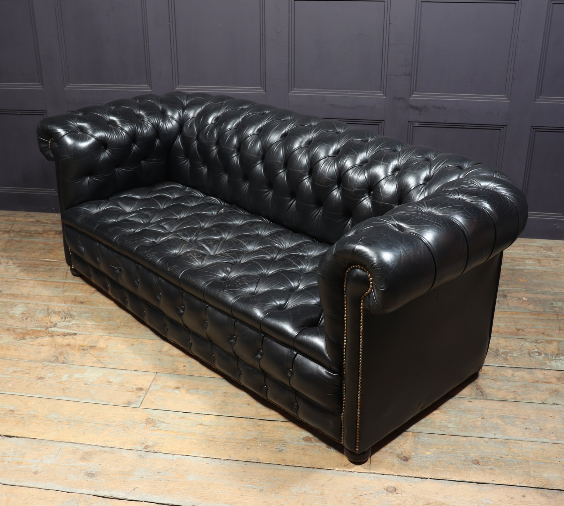 Vintage Black leather Chesterfield Sofa