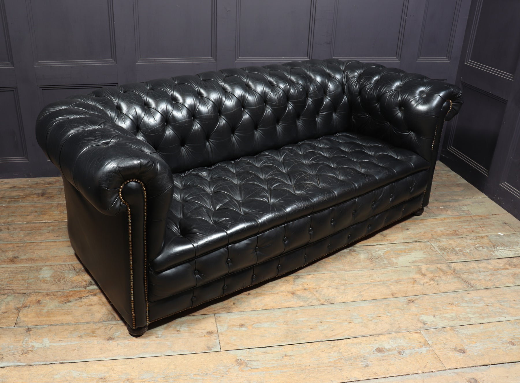Vintage Black leather Chesterfield Sofa