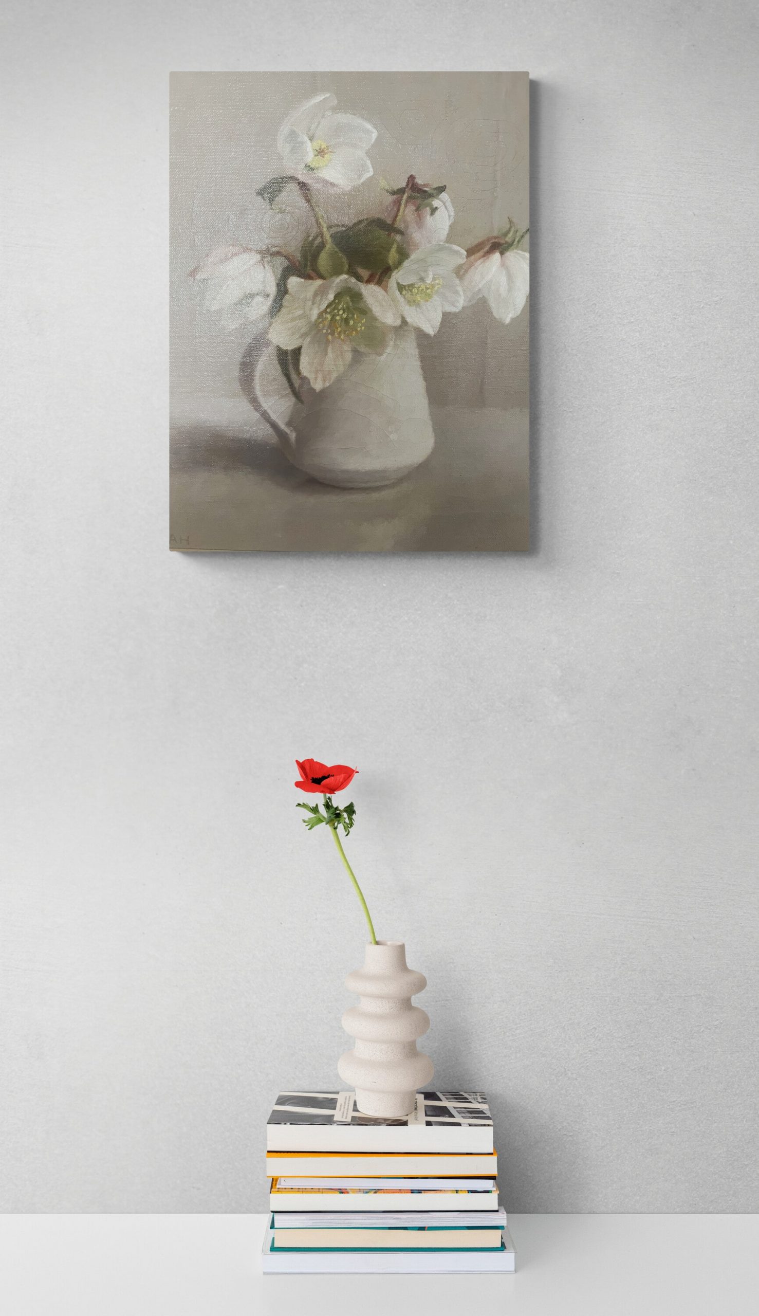 Anna Hornby still life painting of chrismas roses