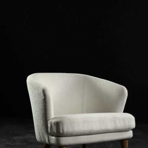 Low Mid-Century Scandinavian Modern Oak & Fabric Armchair with Rounded Backrest, 1960s