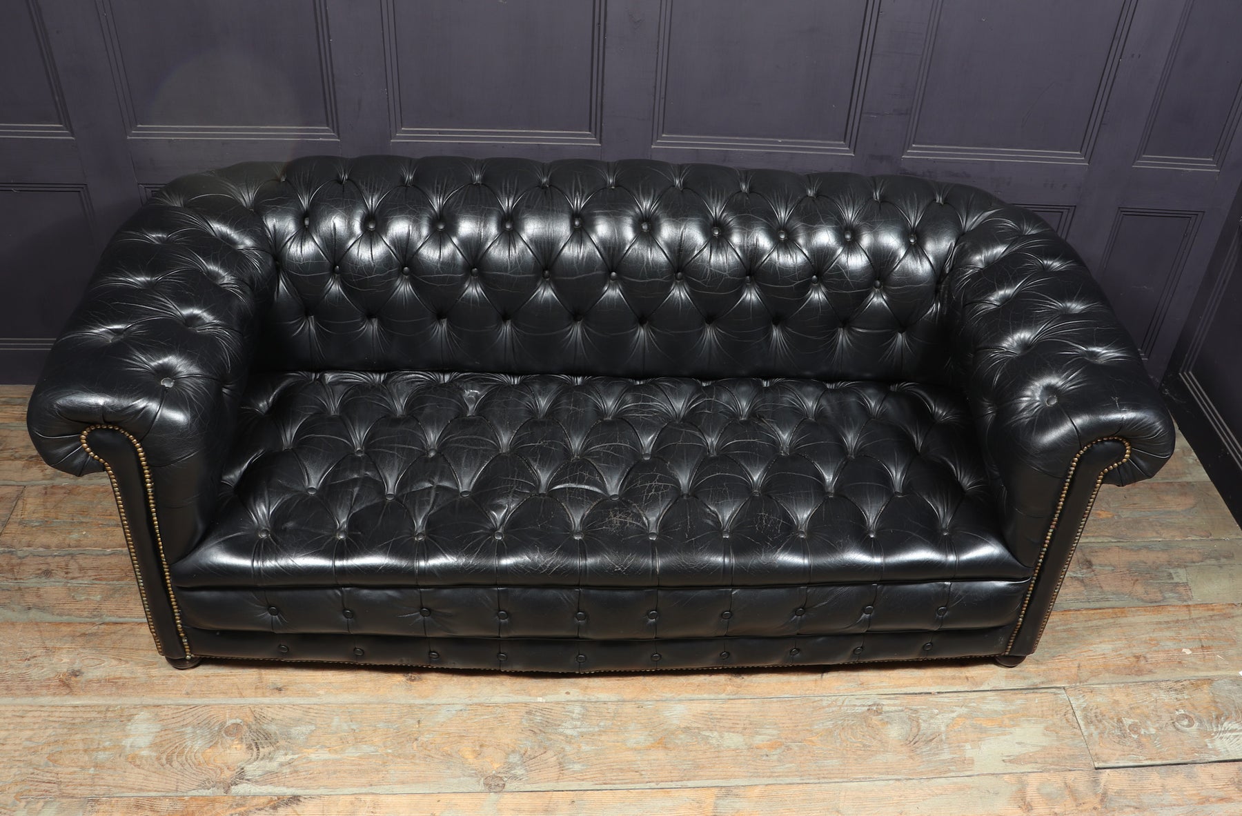 Vintage Black leather Chesterfield Sofa