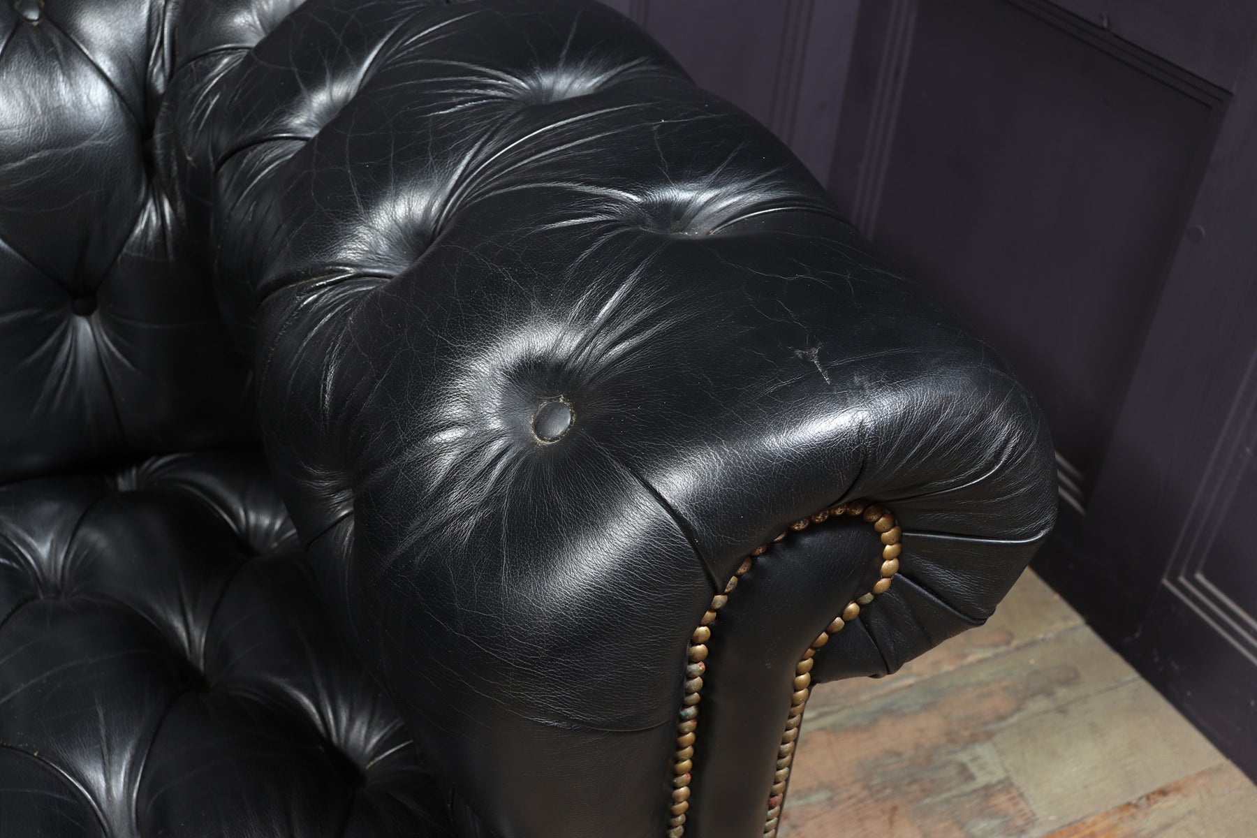 Vintage Black leather Chesterfield Sofa