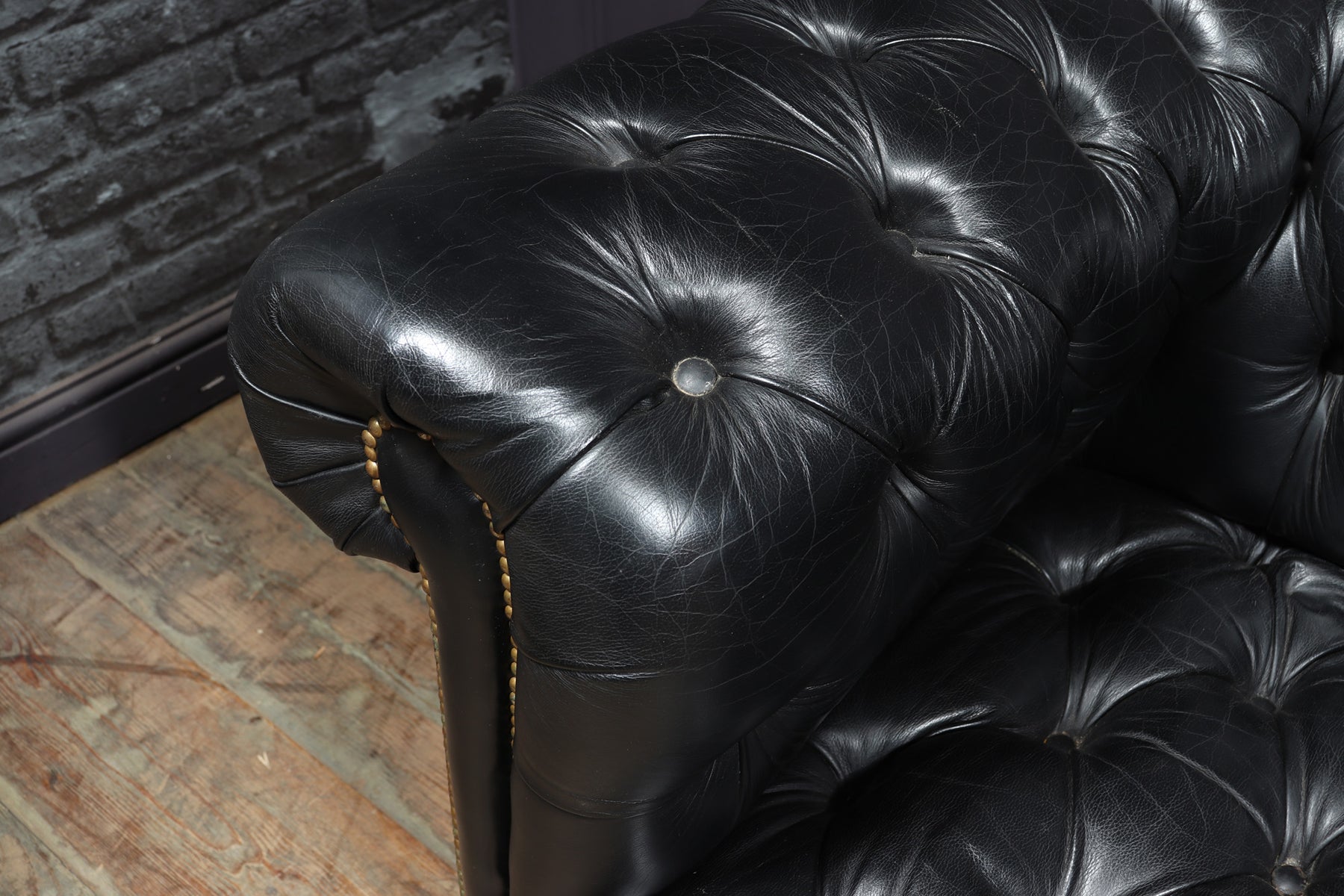 Vintage Black leather Chesterfield Sofa