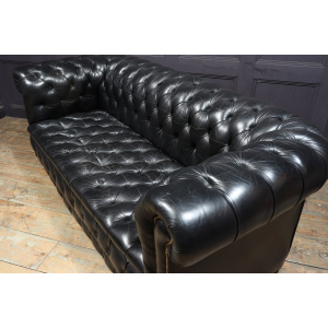 Vintage Black leather Chesterfield Sofa
