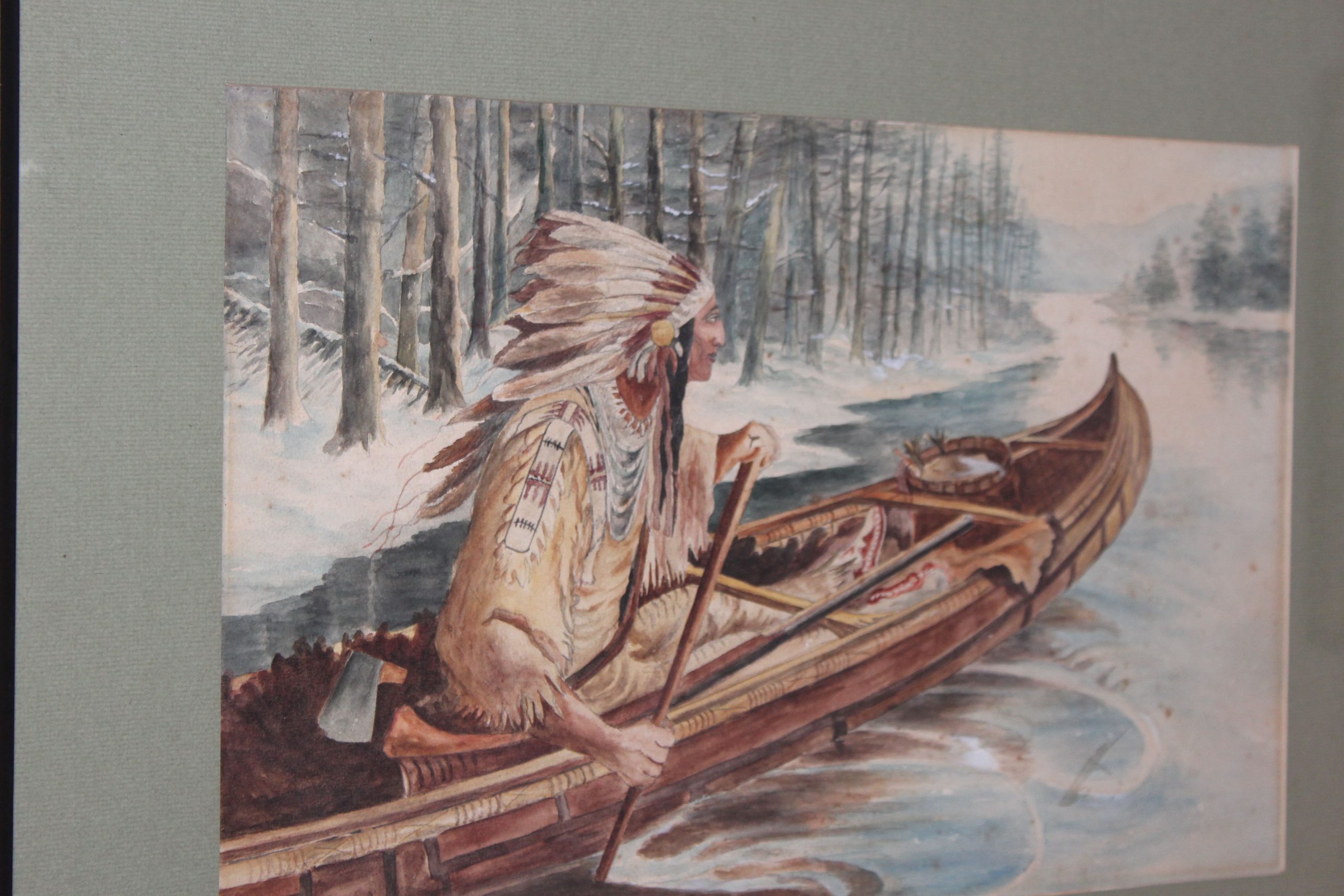 Antique watercolour of of Canadian Indigenous life