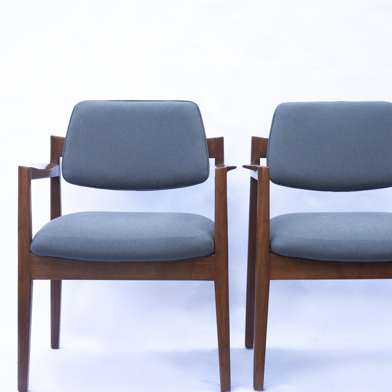 Arm Chairs By Jens Risom For Knoll In Walnut & Newly Upholstered In Blue Fabric, 1960s