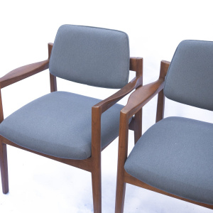 Arm Chairs By Jens Risom For Knoll In Walnut & Newly Upholstered In Blue Fabric, 1960s