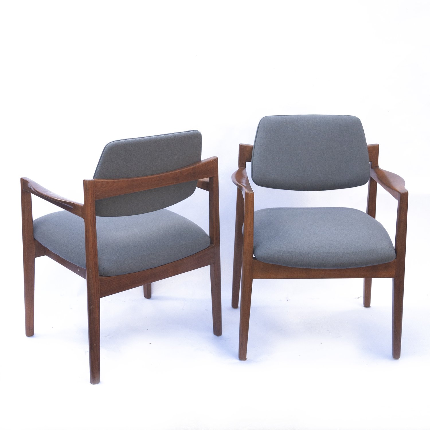 Arm Chairs By Jens Risom For Knoll In Walnut & Newly Upholstered In Blue Fabric, 1960s