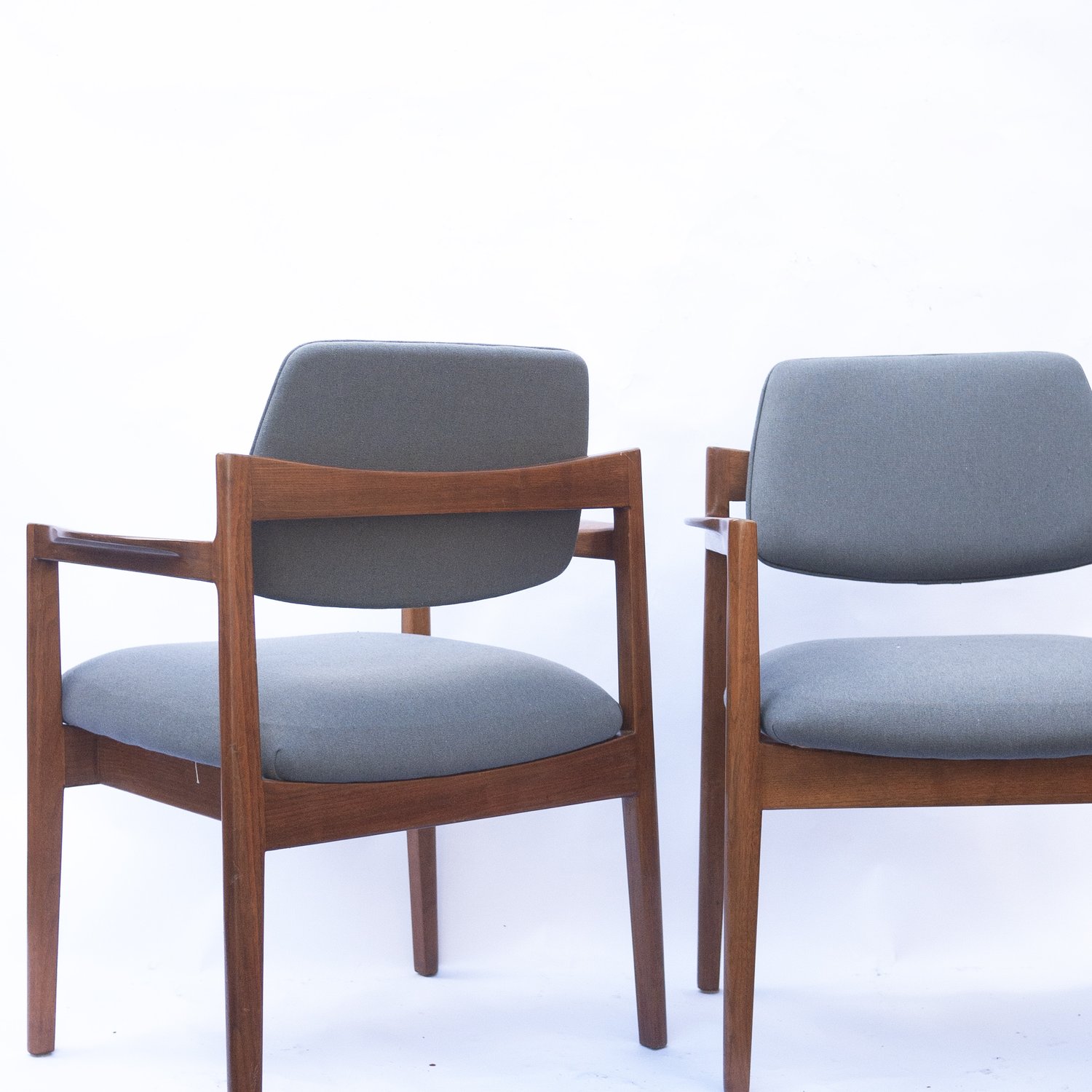 Arm Chairs By Jens Risom For Knoll In Walnut & Newly Upholstered In Blue Fabric, 1960s