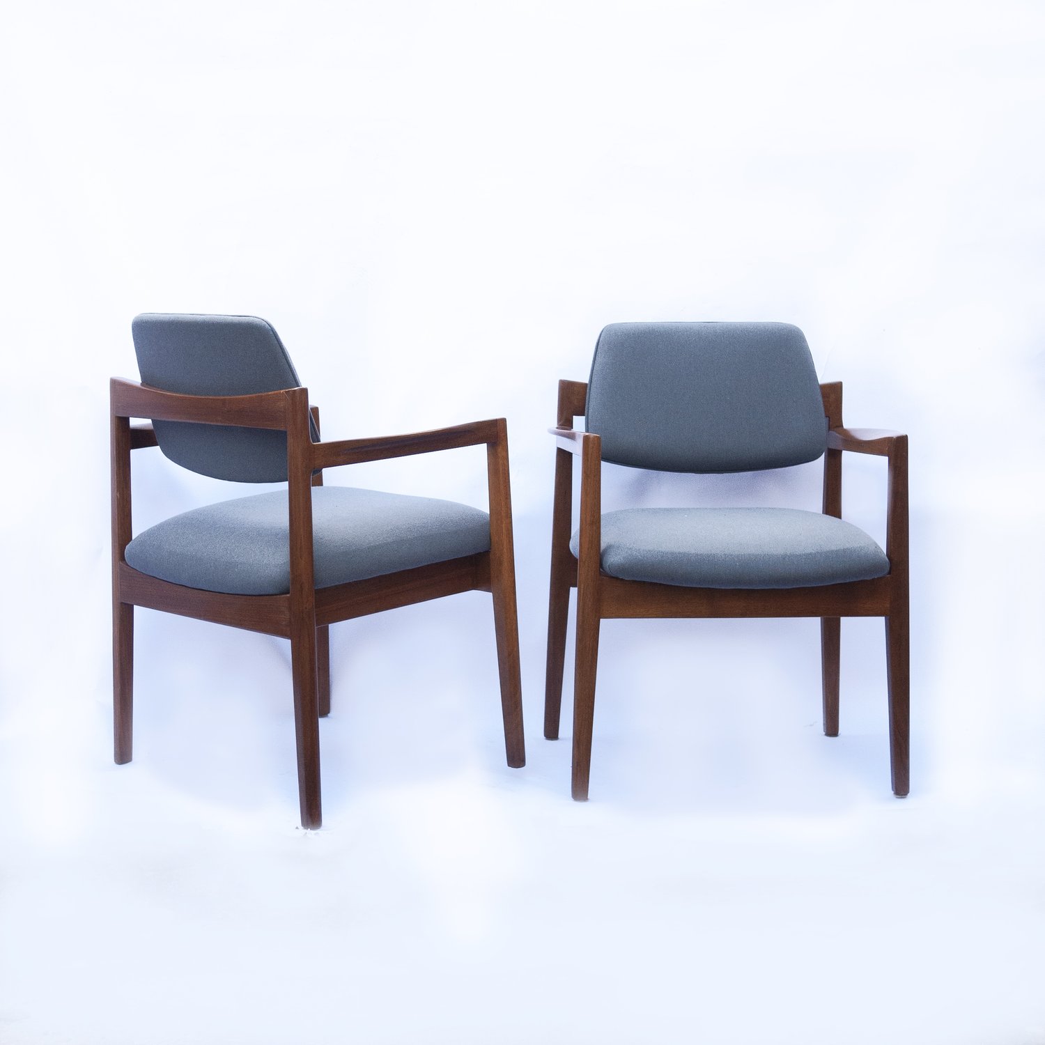 Arm Chairs By Jens Risom For Knoll In Walnut & Newly Upholstered In Blue Fabric, 1960s