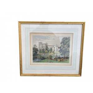 19th century hand coloured engraving Sizergh Hall, Westmoreland