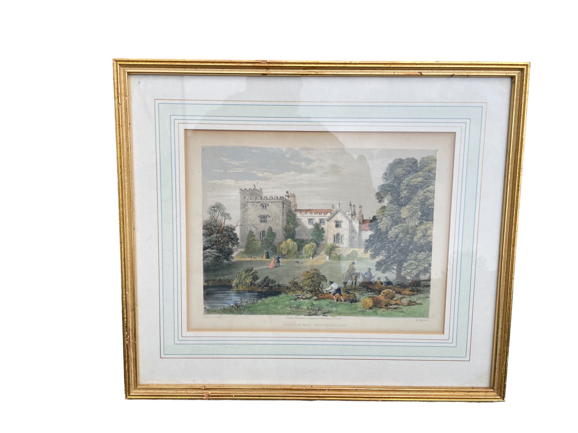19th century hand coloured engraving Sizergh Hall, Westmoreland