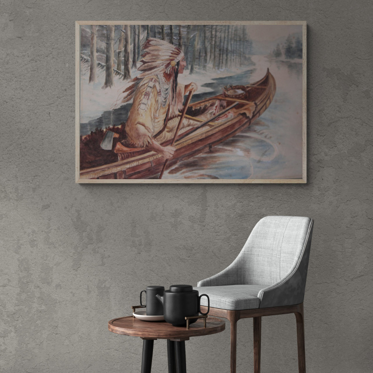 Antique watercolour of of Canadian Indigenous life