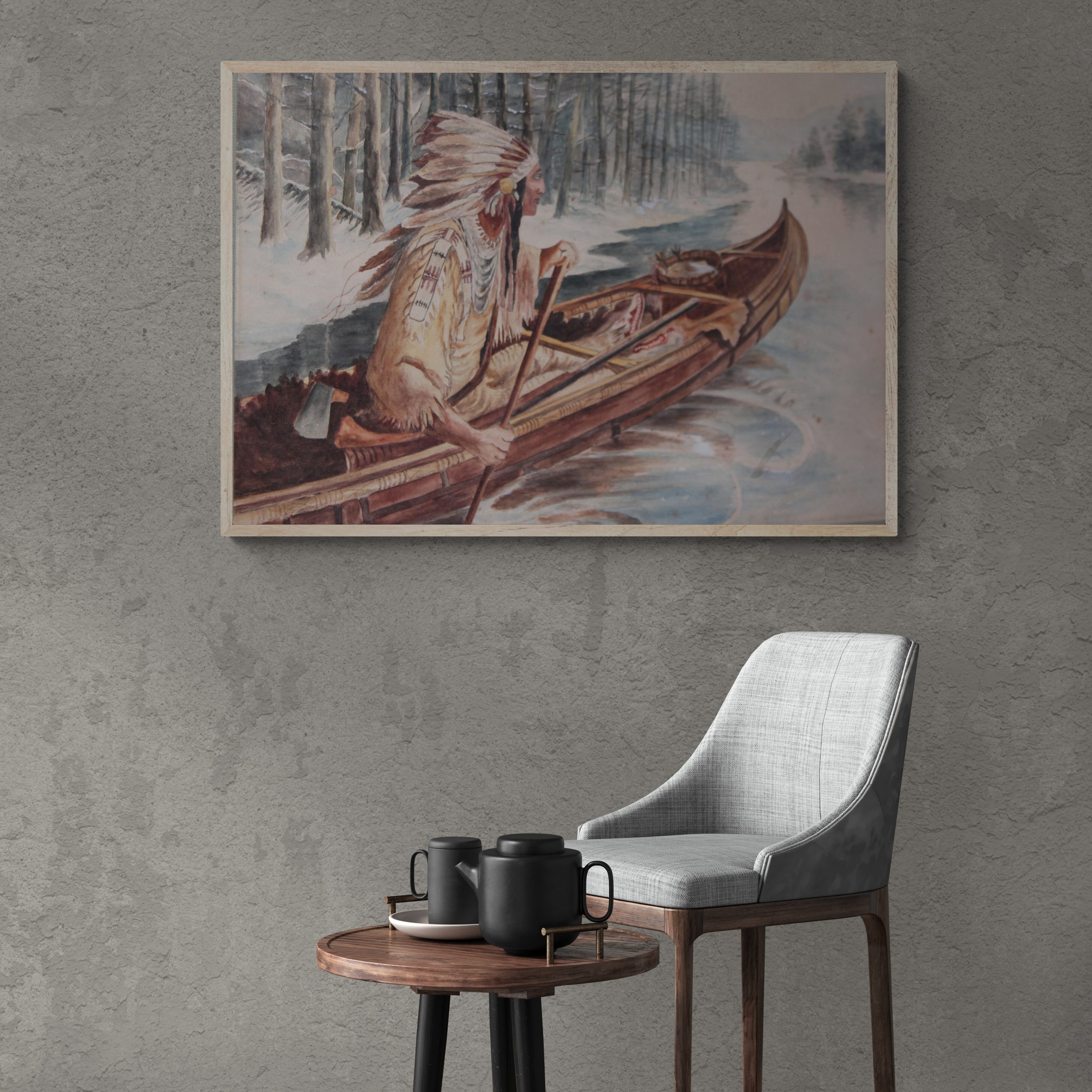 Antique watercolour of of Canadian Indigenous life
