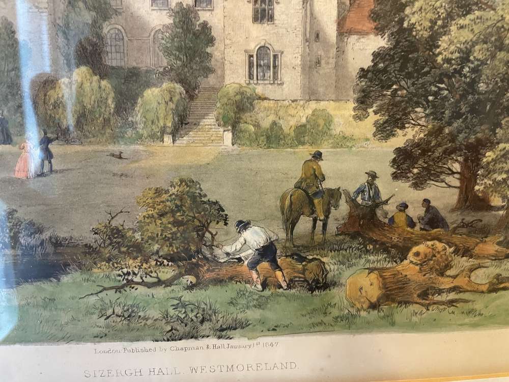 19th century hand coloured engraving Sizergh Hall, Westmoreland