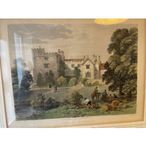19th century hand coloured engraving Sizergh Hall, Westmoreland