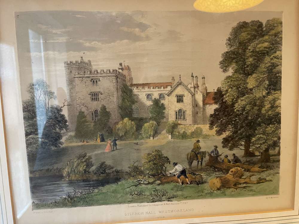 19th century hand coloured engraving Sizergh Hall, Westmoreland