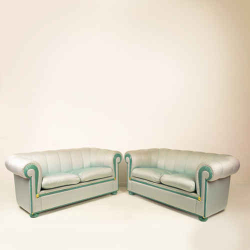 Pair of silk Moiré sofas produced by StyleArte in the 1980s