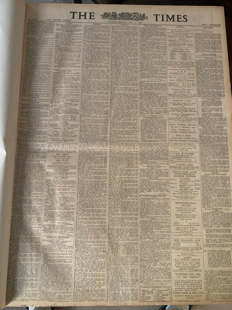 A bound copy of The Times newspaper July - September 1956. Genuine original 1956