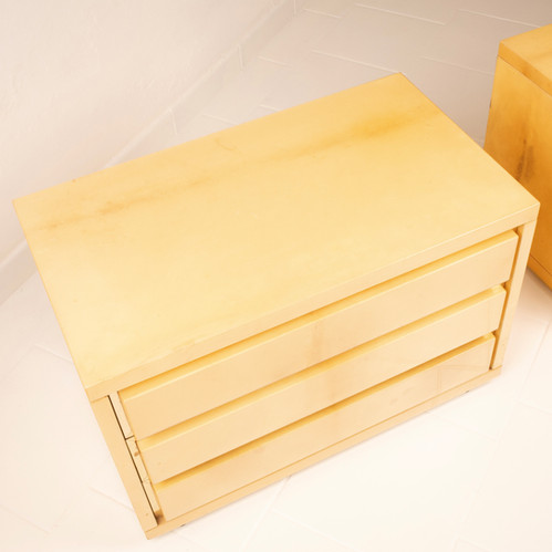 Pair of parchment bedside tables by Aldo Tura for Tura Milano