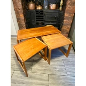 Trio of solid teak mid century vintage retro side tables expertly finished