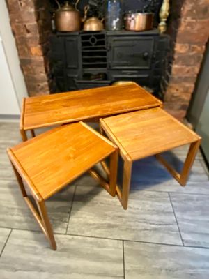 Trio of solid teak mid century vintage retro side tables expertly finished
