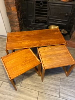 Trio of solid teak mid century vintage retro side tables expertly finished