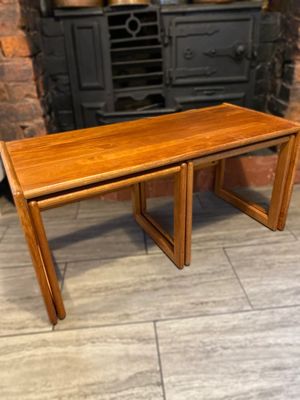 Trio of solid teak mid century vintage retro side tables expertly finished