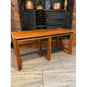 Trio of solid teak mid century vintage retro side tables expertly finished