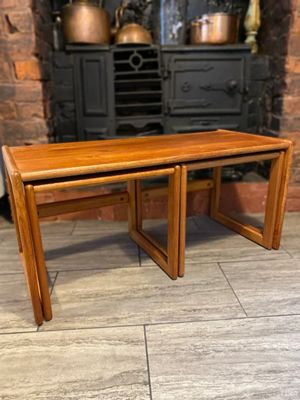 Trio of solid teak mid century vintage retro side tables expertly finished