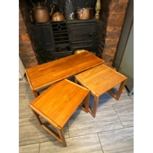 Trio of solid teak mid century vintage retro side tables expertly finished