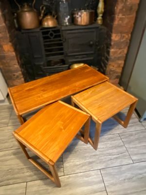 Trio of solid teak mid century vintage retro side tables expertly finished