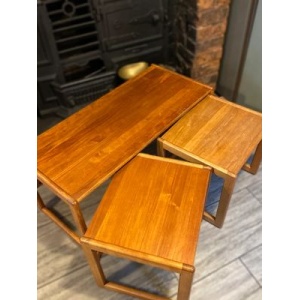Trio of solid teak mid century vintage retro side tables expertly finished