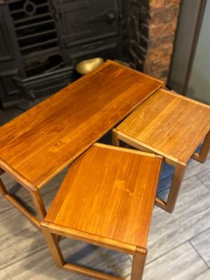 Trio of solid teak mid century vintage retro side tables expertly finished